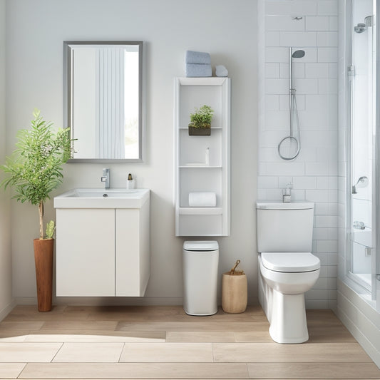 A minimalist bathroom with a wall-mounted, white, 2-drawer storage unit, a pedestal sink, and a compact toilet, showcasing a clever use of space in a small bathroom.
