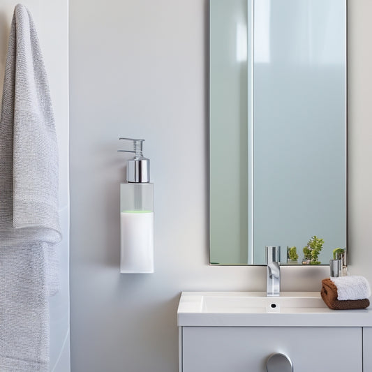 A minimalist, sleek, and modern small bathroom with a wall-mounted smart shelf in a polished chrome finish, holding a few rolled towels and a decorative soap dispenser, against a soft, calming gray background.