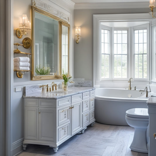 A serene, well-lit bathroom with sleek, white cabinets featuring ornate hardware, surrounded by gleaming marble countertops, a freestanding tub, and a large, frameless mirror.