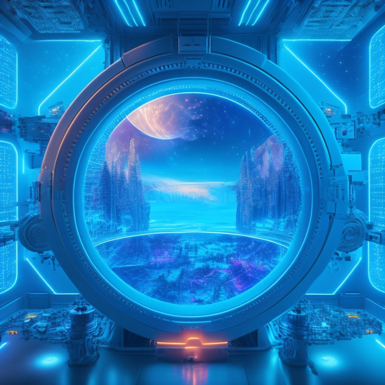 A futuristic, neon-lit terminal window with glowing blue circuitry patterns, surrounded by orbiting gears, cogs, and microchips, bursting with energy and light, against a dark, starry night sky background.