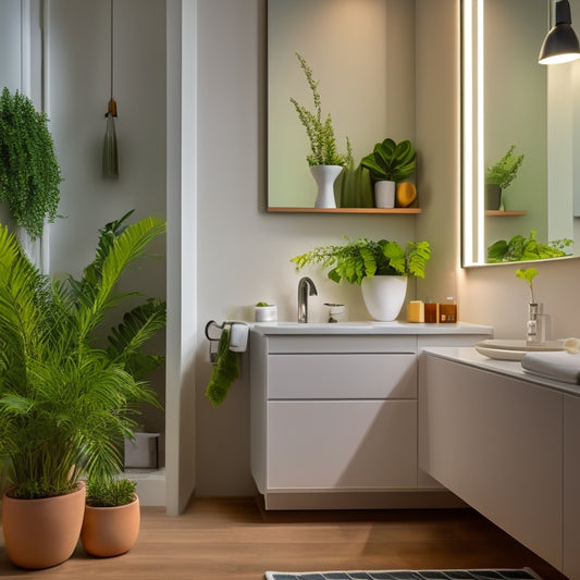 A serene bathroom with a sleek, wall-mounted cabinet above a modern sink, surrounded by ambient lighting, with a few decorative towels and a miniature potted plant on the counter.