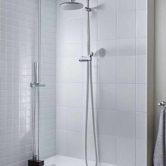 A sleek, modern shower with a gleaming chrome caddy attached to the wall, holding a variety of toiletries, surrounded by minimalist white tiles and a rainfall showerhead.