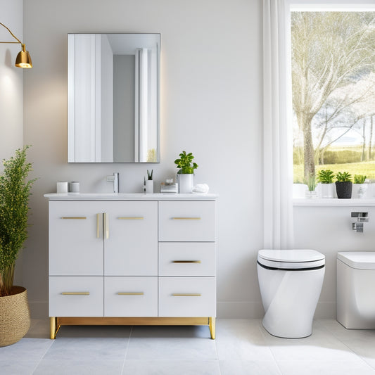 A modern, sleek bathroom with a compact stand featuring three drawers in a soft-close, matte-white finish, surrounded by a minimalist mirror and a few strategically placed decorative items.