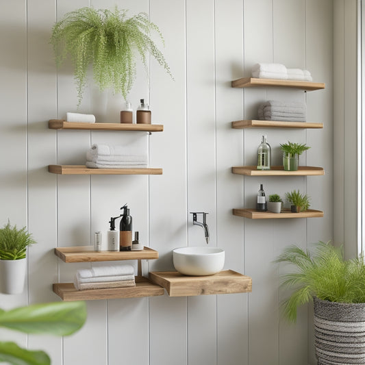 A minimalist bathroom with a wall-mounted, reclaimed wood shelving unit featuring three narrow, rectangular shelves, holding toiletries, towels, and a few potted plants, against a soft, gray background.
