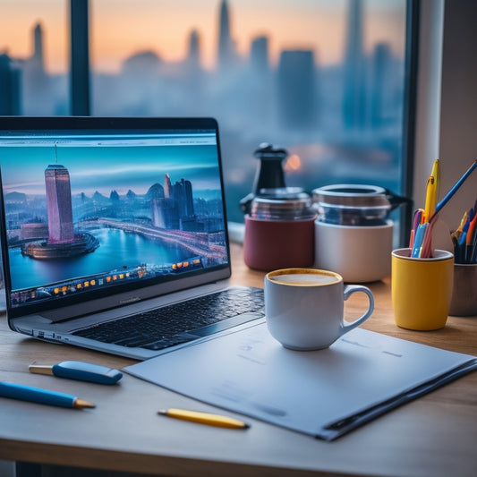 A minimalist desktop with a Mac laptop, a cup of steaming coffee, and a few colorful pens, surrounded by neatly arranged printouts of various organizational templates, with a subtle background of a blurred cityscape.