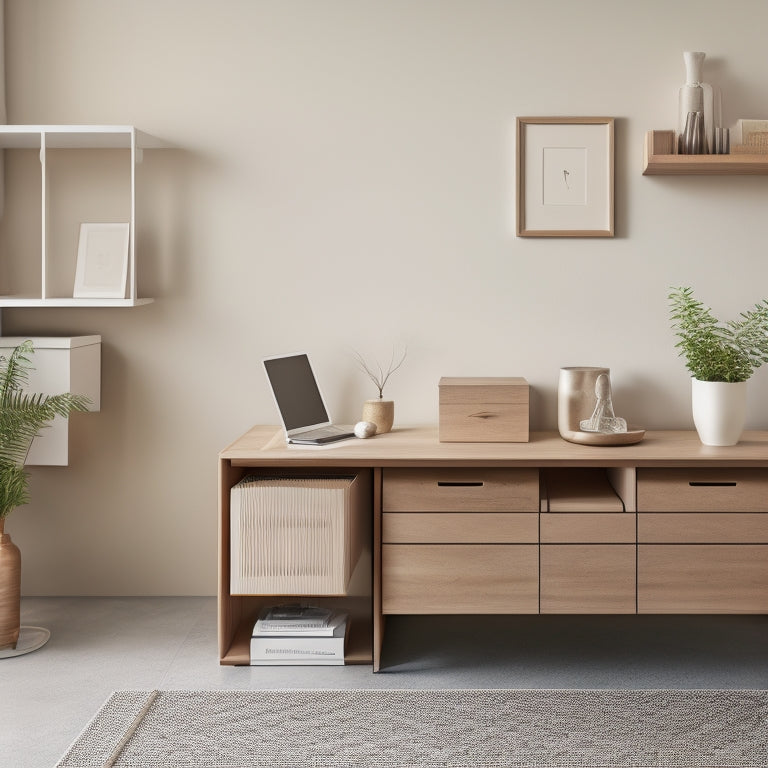 A minimalist, modern room with a sleek, wooden desk, a few, carefully-placed decorative items, and a few, neatly-labeled storage bins, surrounded by a calm, neutral-colored background.