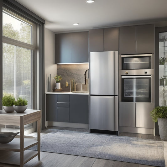 A modern, sleek kitchen with a narrow galley layout, featuring a glass door cabinet in a compact, wall-mounted design, with slender chrome handles and soft, warm lighting.
