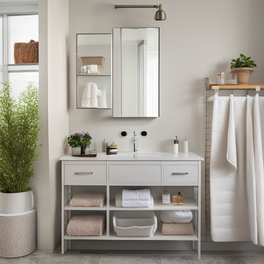 A modern bathroom with a large mirror, sleek sink, and white walls, featuring various wall-mounted storage solutions: a recessed medicine cabinet, a towel rack, and a shelf with baskets and decorative items.