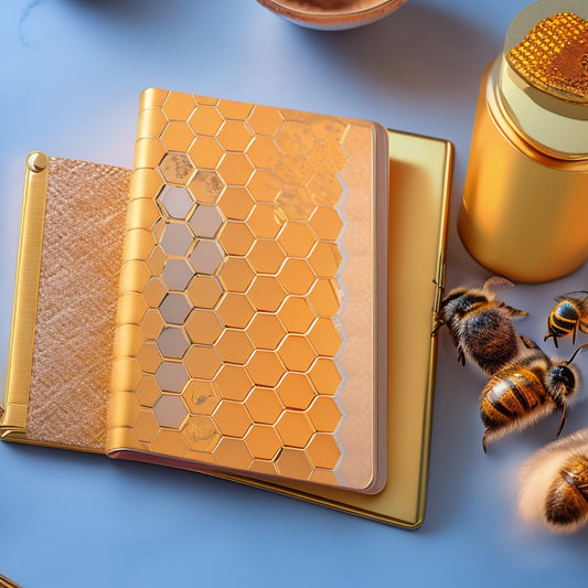 A stylized, golden honeycomb-patterned background with a sleek, modern planner lying open on a marble surface, surrounded by scattered honeycomb cells and a few loose, delicate honeybees.