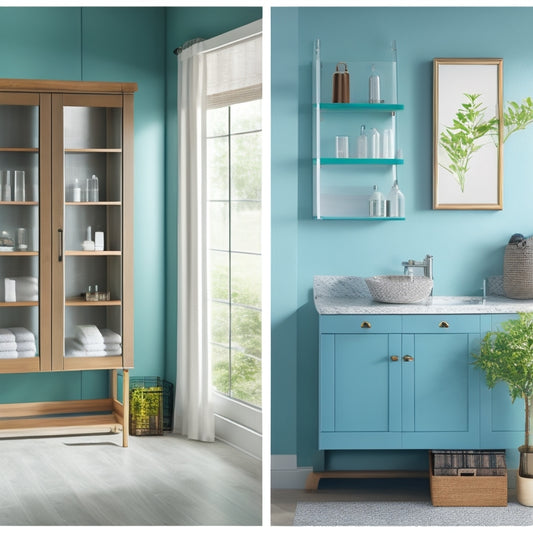 A bright, modern bathroom with three open shelf medicine cabinets in different styles: one with a wooden frame, one with a minimalist metal frame, and one with a decorative glass door.