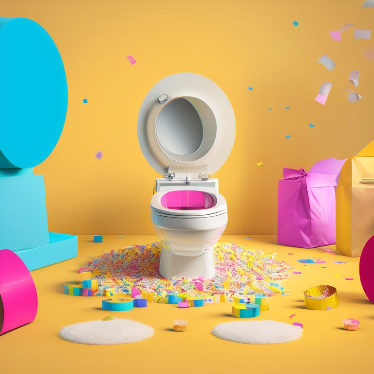 A whimsical illustration of a toilet with a surprised expression, surrounded by flying toilet paper rolls and a burst of colorful confetti, set against a bright, sunny yellow background.