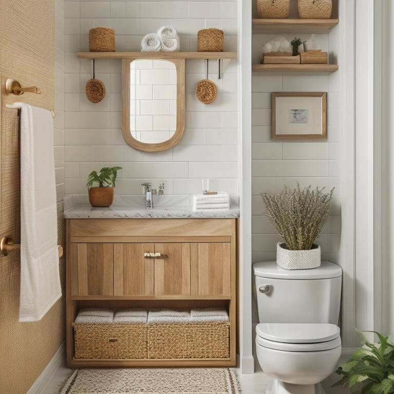 A serene bathroom interior with a sleek, wall-mounted cabinet, a woven basket storing toilet paper, a tiered shelving unit holding neatly arranged toiletries, and a woven mat in a natural color.