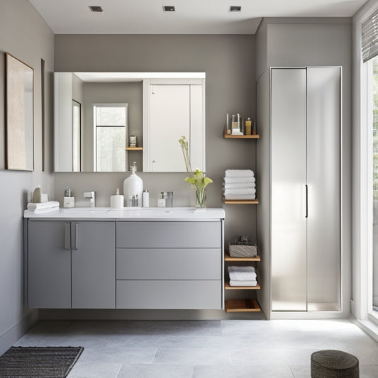 A sleek, modern bathroom with a wall-mounted cabinet featuring pull-out drawers, a recessed medicine cabinet with mirrored doors, and a freestanding tub surrounded by a minimalist, floor-to-ceiling shelving unit.