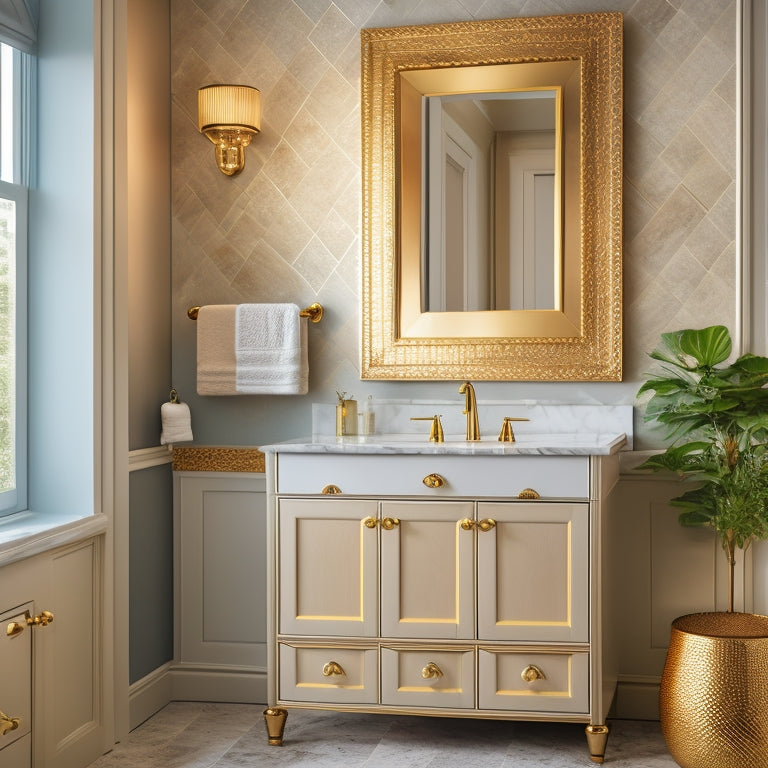 A luxurious, modern bathroom with a sleek, wall-mounted vanity featuring a stylish shaker cabinet, adorned with ornate hardware, surrounded by soft, golden lighting and a few, carefully-placed decorative accessories.