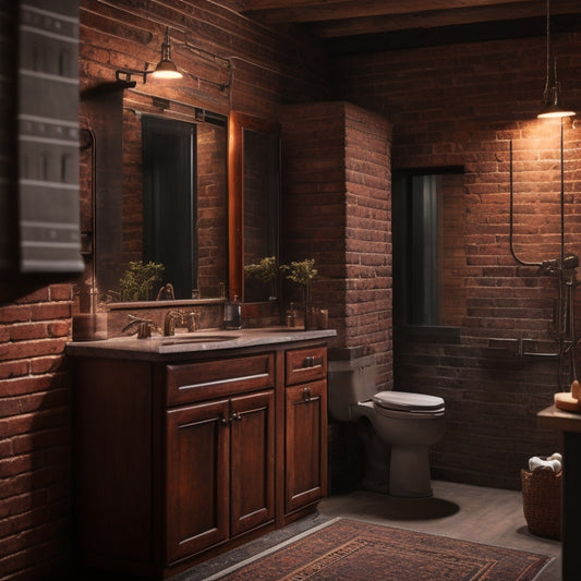 A dimly lit industrial-style bathroom with exposed brick walls, featuring a rustic metal cabinet with distressed finishes, surrounded by sleek pipes and a concrete countertop, with tools scattered around.