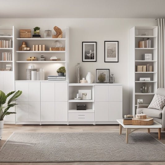 A tidy, modern living room with five distinct white wall-mounted storage cabinets, each with unique designs and door styles, showcasing organized storage of various household items and decorative accents.
