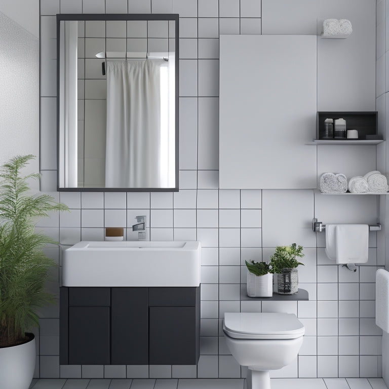 A minimalist bathroom with a floating shelf in matte black, holding a few white decorative vases, above a wall-mounted sink and a geometric-patterned floor, surrounded by crisp white walls and a large window.