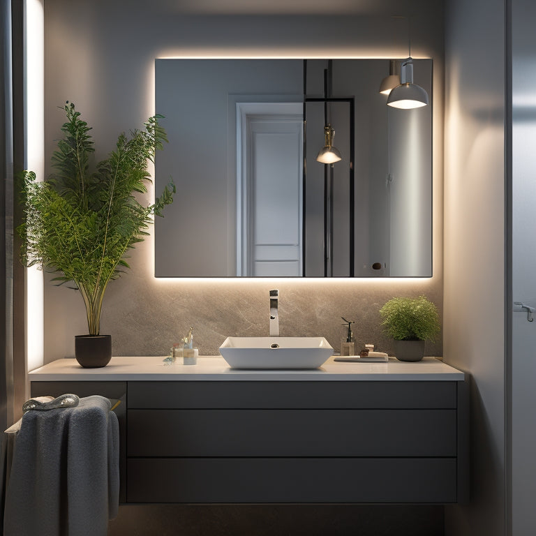 A well-lit, modern bathroom with a sleek sink and mirror, featuring a vacant wall space above the sink, awaiting the installation of a stylish above sink bathroom shelf.