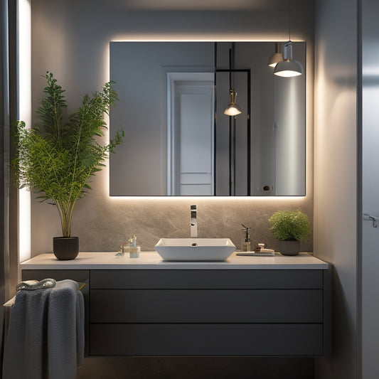 A well-lit, modern bathroom with a sleek sink and mirror, featuring a vacant wall space above the sink, awaiting the installation of a stylish above sink bathroom shelf.