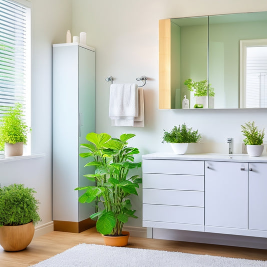 A bright, modern bathroom with sleek white floor cabinets featuring soft-close drawers, chrome handles, and subtle LED lighting, set against a crisp white background with a few scattered towels and a potted plant.