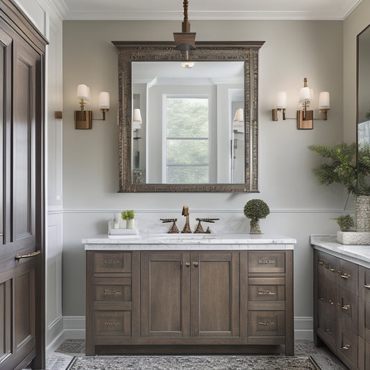 A serene bathroom featuring a large, wall-to-wall mirror above a sleek, white, double-sink vanity with ornate, bronze hardware, surrounded by dark wood cabinets with soft-close drawers.