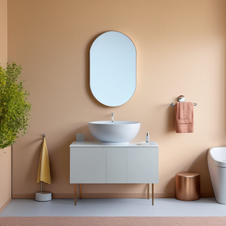 A minimalist bathroom with a sleek, modern sink and mirror, featuring three stylish bathroom stands in the foreground, each holding a unique decorative item, against a soft, neutral-colored background.