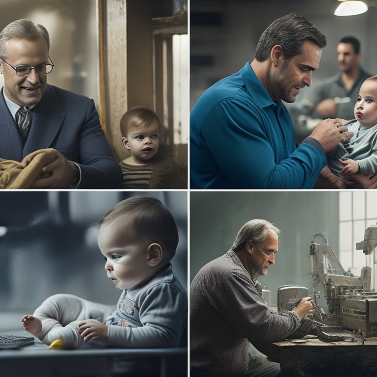 A split-screen image: on the left, a factory or office scene with a father holding a baby, surrounded by coworkers and machinery, and on the right, a serene home scene with the same father playing with the baby.