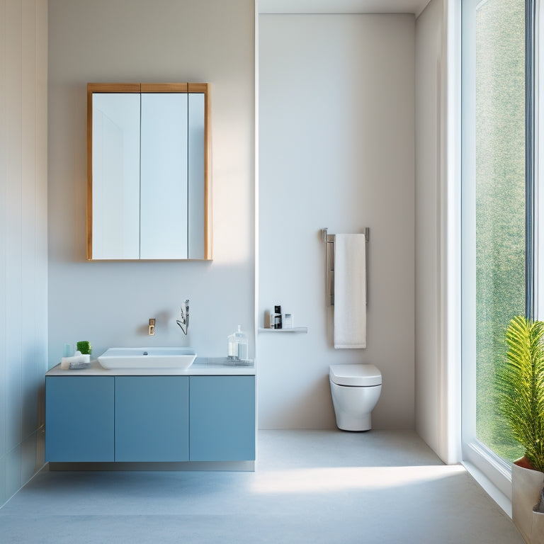 A minimalist bathroom with a wall-mounted sink, a compact toilet, and a floor-to-ceiling storage cabinet, surrounded by a mirrored wall and a window with a roll-up shade.