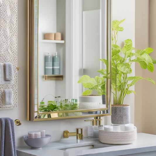 A stylish mirrored cabinet organizer in a bright bathroom, reflecting neatly arranged toiletries, vibrant plants, and elegant skincare products, with soft natural light creating a serene and organized atmosphere.