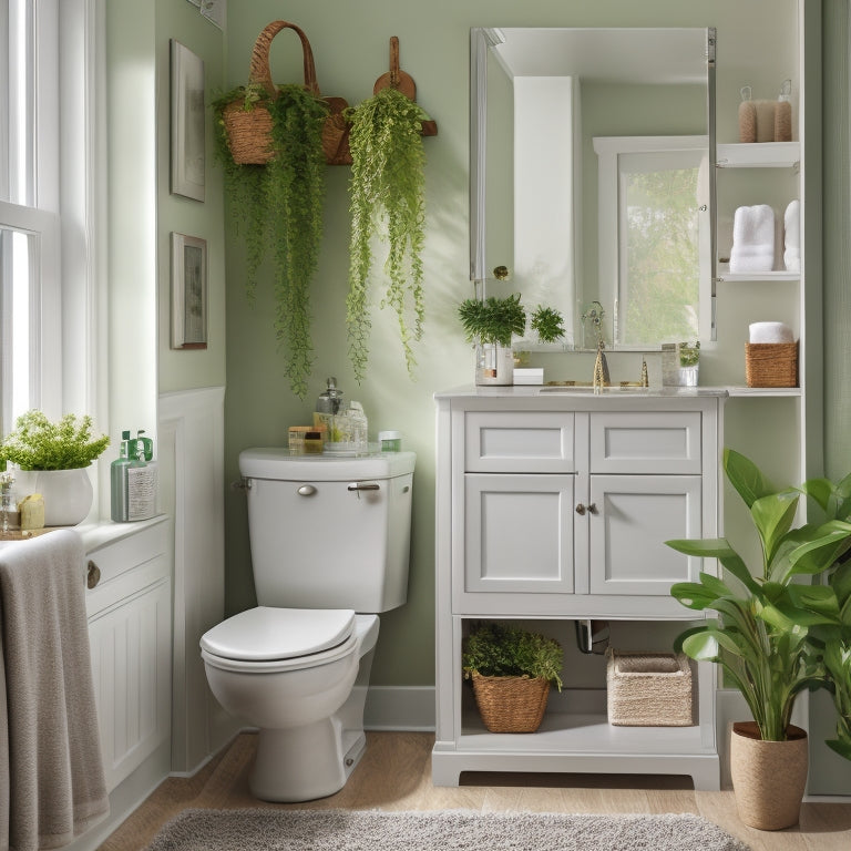 A serene, well-lit, and organized small bathroom with a wall-mounted cabinet, pedestal sink, and a shower caddy holding toiletries, surrounded by calming greenery and a few decorative accessories.