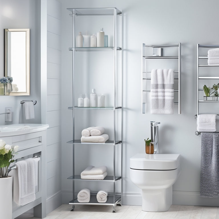 A bright, modern bathroom with a wall-mounted, ladder-style shelving unit in a polished chrome finish, holding rolled towels, decorative vases, and a few toiletries, against a soft, gray background.