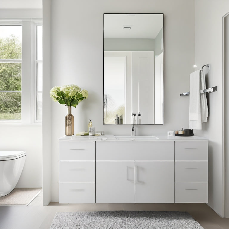 A modern bathroom with sleek, white PDF cabinetry and chrome handles, surrounded by a minimalist aesthetic, featuring a wall-mounted sink, and a large, frameless mirror reflecting a tidy, organized space.