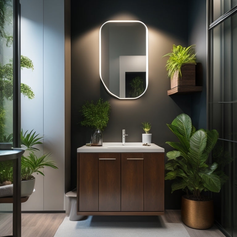 A modern bathroom with a wall-mounted sink cabinet in a rich, dark wood tone, surrounded by sleek, white walls, and a large, LED-lit mirror above, with a few decorative plants nearby.