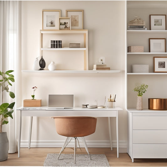 A serene, minimalist room with a sleek, white desk, a few, carefully selected decorative objects, and a subtle, natural color palette, showcasing a clutter-free space with organized shelves and drawers.