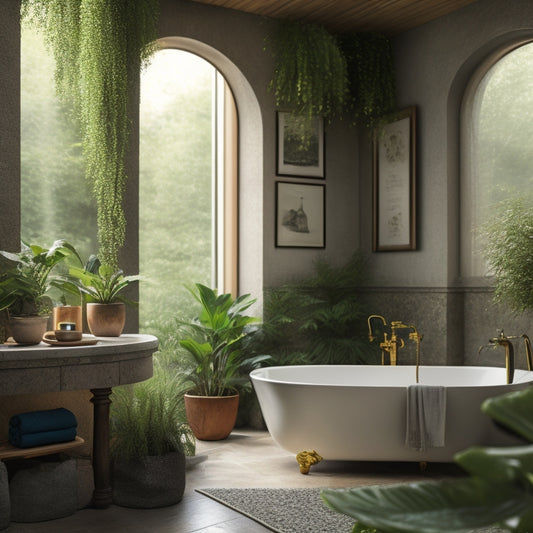 A serene bathroom with open shelving, featuring a natural stone wall, a freestanding tub, and a rainfall showerhead, surrounded by lush greenery and soft, warm lighting.