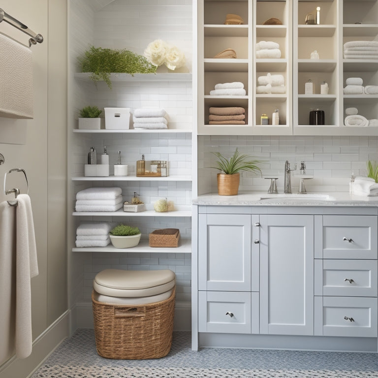 A well-organized under-sink bathroom area featuring waterproof storage bins, elegant baskets, and a sleek pull-out drawer, surrounded by clean tiles and soft lighting, showcasing a serene and functional space.