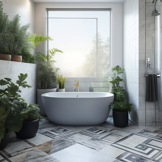 A sleek, minimalist bathroom with a freestanding tub, surrounded by large format marble tiles, under a skylight, with a few potted plants and a geometric-patterned area rug.