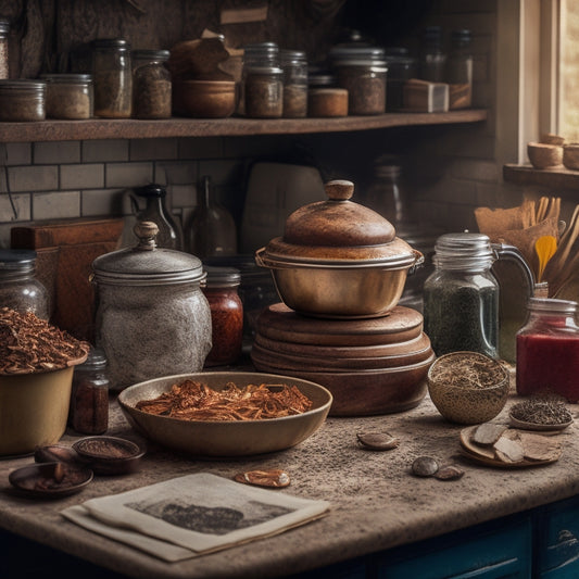 A cluttered kitchen countertop with stacks of messy cookbooks, scattered mail, and overflowing jars of spices, surrounded by worn-out appliances and a few scattered coins, amidst a blurred background of worn kitchen tiles.