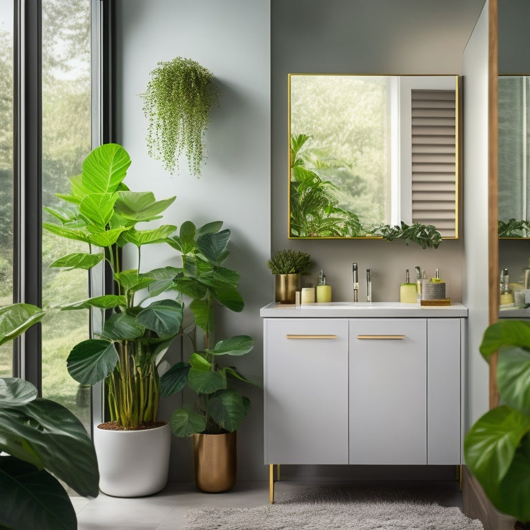 A chic, compact bathroom featuring a sleek, wall-mounted cabinet with mirrored doors, surrounded by vibrant plants, soft lighting, and minimalist decor, emphasizing a clean, organized space with clever storage solutions.