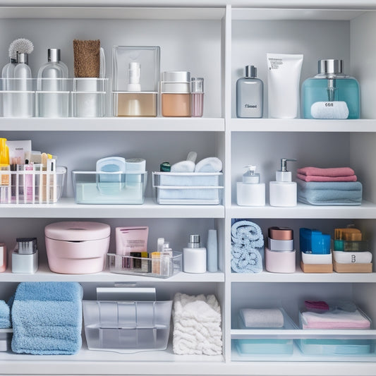 An organized bathroom drawer filled with neatly arranged, color-coded containers holding toiletries, skincare products, and grooming tools, showcasing vertical dividers, clear bins, and compact organizers, all set against a soft, serene bathroom backdrop.