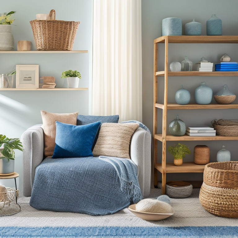 A serene, minimalist living room with a few, carefully-placed decorative items, a tidy bookshelf, and a woven basket containing a few, neatly-folded blankets, all set against a calming, soft-blue background.