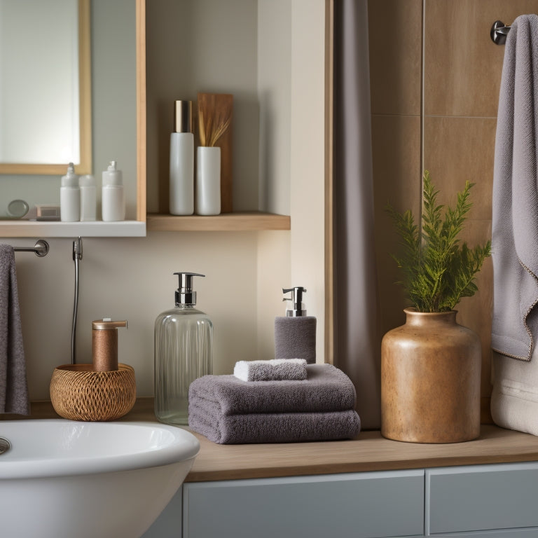 A serene bathroom with three floating shelves in a warm wood tone, holding a vase, a decorative soap dispenser, and a few rolled towels, against a soft gray wall.