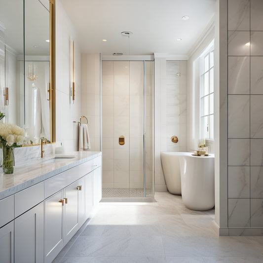 A sleek, modern bathroom with a floor-to-ceiling glass door cabinet in polished chrome, reflecting a freestanding tub, surrounded by marble floors and soft, warm lighting.