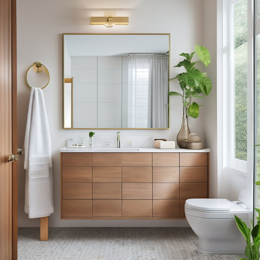 A beautifully styled bathroom with a sleek, wall-mounted sink cabinet in a warm wood tone, surrounded by gleaming chrome fixtures and a minimalist mirror, set against a soft, creamy background.