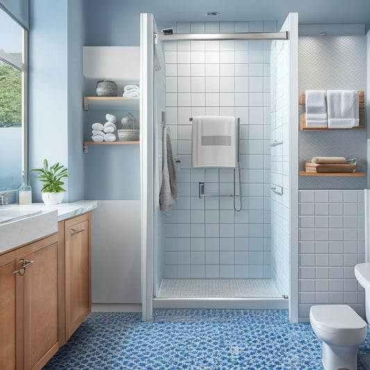 A modern bathroom with a sleek glass shower door, showcasing 10 creative storage solutions: woven baskets, suction cups, corner shelves, and more, amidst a calming blue and white tile backdrop.