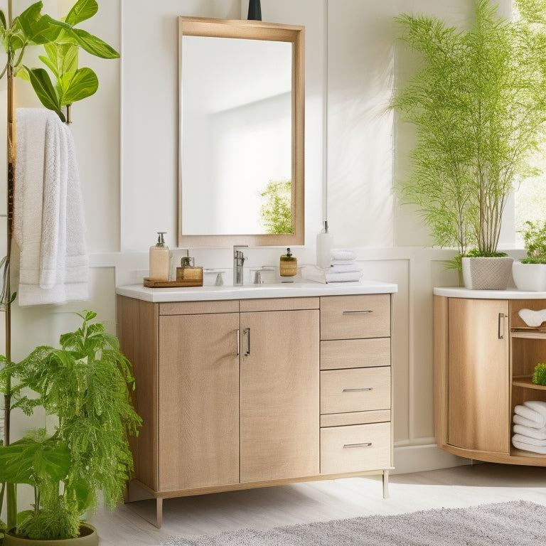 A stylish bathroom scene featuring various freestanding cabinets, showcasing sleek designs, neutral colors, and organized compartments, with decorative towels, plants, and accessories, all illuminated by soft natural light filtering through a window.