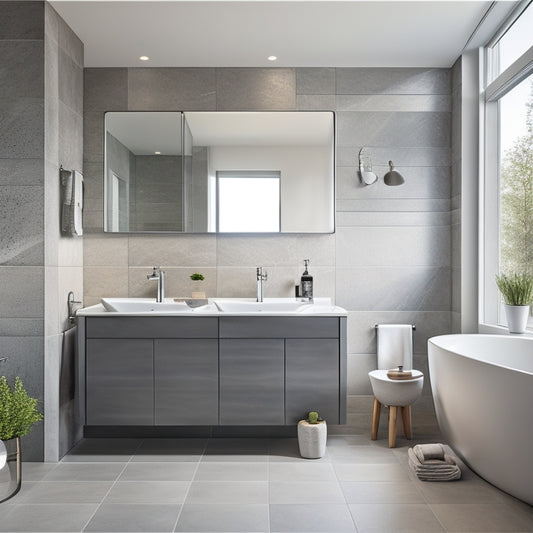 A modern bathroom with a sleek, wall-mounted sink in polished chrome, surrounded by large, rectangular tiles in soft gray, and a floor-to-ceiling mirror reflecting a minimalist, spa-like ambiance.