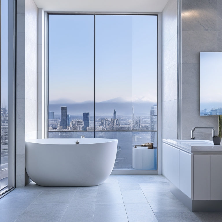 A modern, sleek bathroom with a freestanding tub, surrounded by elegant grey marble floors and walls, featuring a large window with a cityscape view, and a stylish LED-lit mirror.