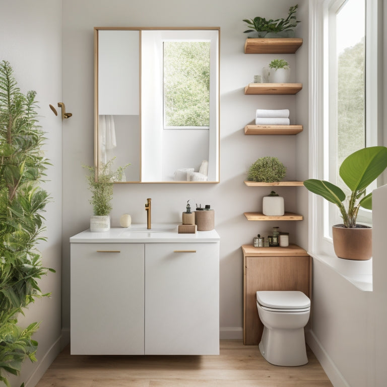 A serene, minimalist bathroom in a tiny home with a wall-mounted cabinet, sliding drawers, and a recessed shelving unit, surrounded by calming greenery and soft, warm lighting.