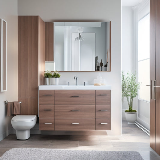 A luxurious bathroom with cream-colored walls, featuring a floating freestanding cabinet in a rich walnut finish, suspended above a sleek gray floor, with a minimalist chrome faucet in the background.